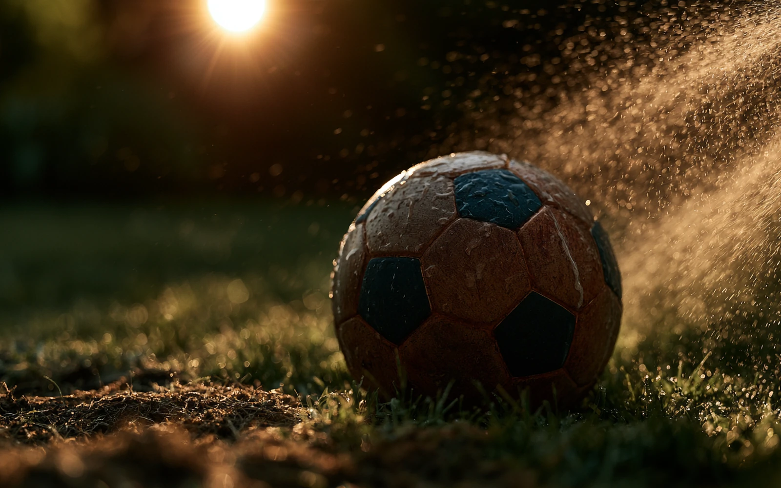 Fußball auf trockenem, sonnenverbranntem Rasen mit kühlem Wassersprühnebel im Abendlicht – Symbolbild Hitze und WM-Abend in Düren
