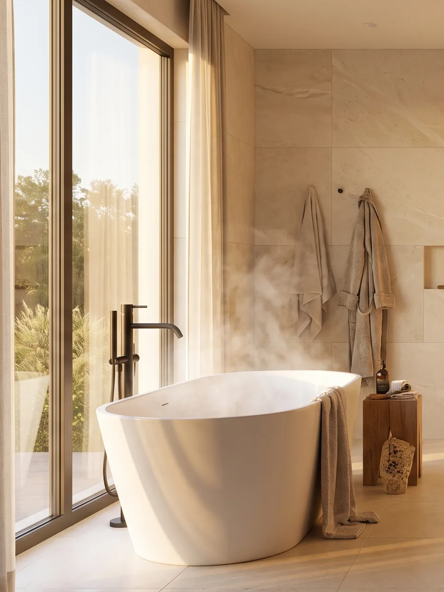 Modernes Bad mit freistehender Wanne im Abendlicht (Visualisierung)